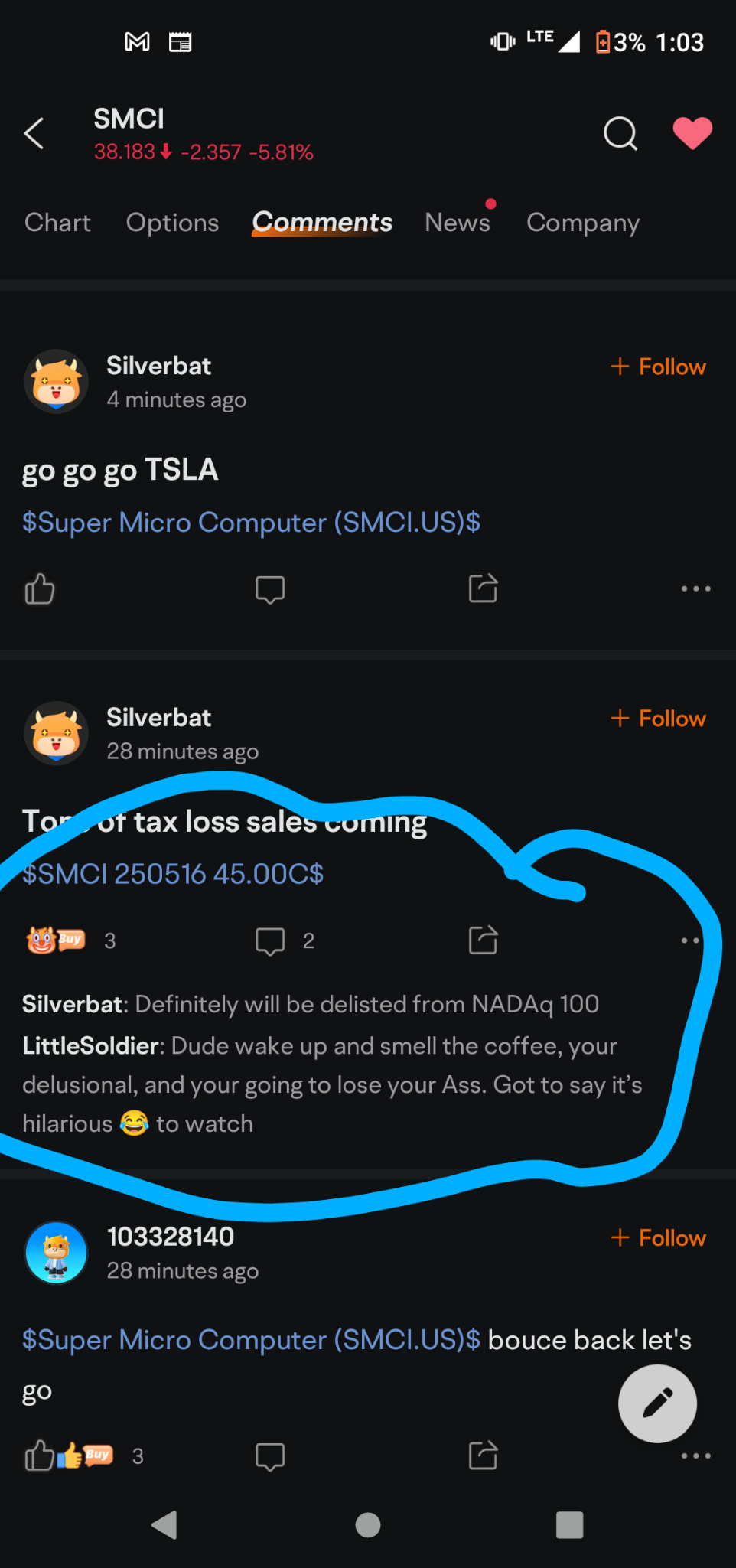 $Super Micro Computer (SMCI.US)$  too funny little soldiers response 🤣👍 wish he didn't block me I'd like to give him some props for that one 🤣🤣🤣 I'm still ...